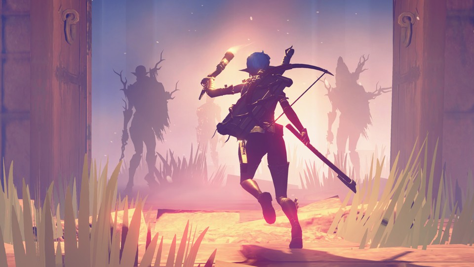 The game’s protagonist, a female elf, rushes toward enemies through huge, open wooden doors. Lit only by the torch she holds in her raised left hand, we can’t see many details of her. She has short hair, wears leather armor, and holds a woodcutter’s axe in her right hand. There is a crescent-shaped bow and a very wide sheath on her back. The enemies are silhouettes of humanoid figures with tree-like growths on their bodies, wielding weapons that also resemble twisted branches.