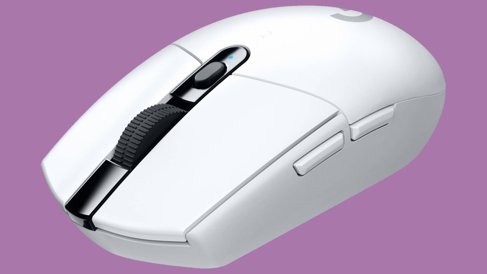 This is an almost completely white computer mouse with two main buttons and two smaller buttons on the left side. A black line runs between the main buttons where the scroll wheel, DPI button, and LED indicator reside.