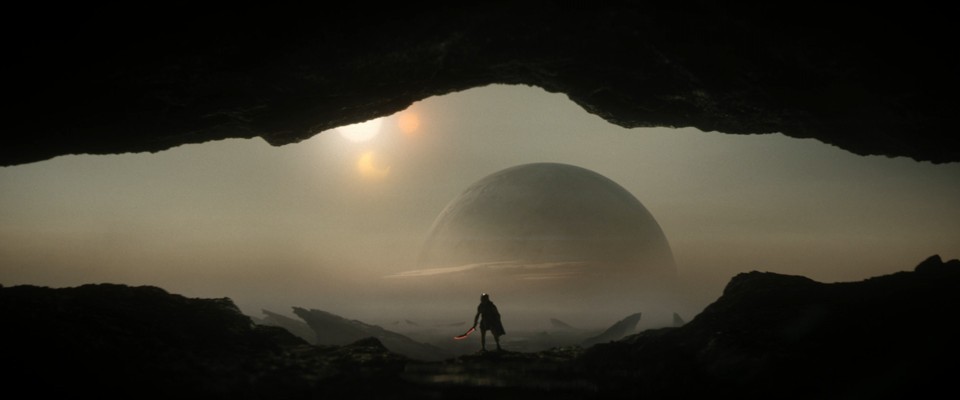 View from a cave through a narrow, horizontal opening. A dark, rocky landscape stretches to the horizon under a bleak sun in a hazy sky. Beyond the horizon is a huge sphere – another planet or moon. In front of the cave entrance is a small silhouette of a humanoid figure wearing a short cape and helmet and holding a curved sword with a glowing edge.