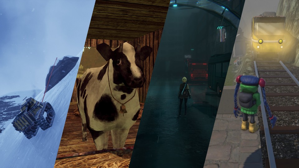 A collage of four screenshots. A tank-like vehicle climbing a snow wall with the help of a cable. A PlayStation 1-looking black-and-white cow. A blonde woman with a sword on her back stands on a dark, rain-soaked street. A cartoony girl with long purple braids that look like arms stands on a platform as a small electric train arrives.