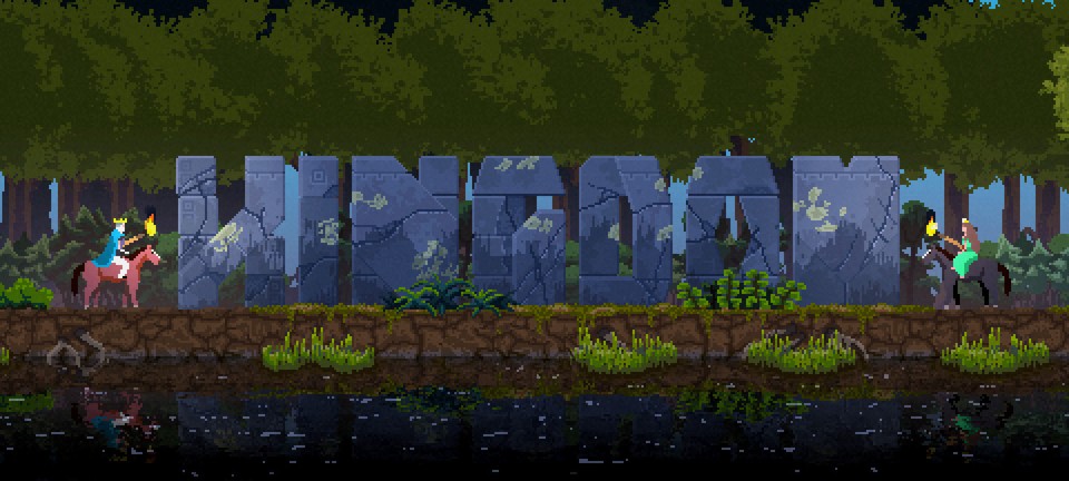 Pixel art evokes old games, but with effects that were not possible on the original hardware. This scene is set in a forest with a blue sky visible behind the trees. The word “KINGDOM” is written in the middle using huge stone blocks covered in cracks and splotches of moss. On two sides of the word, there are small figures of a king and a queen, both riding horses and holding torches. At the bottom of the screen is dark water that reflects the entire scene.