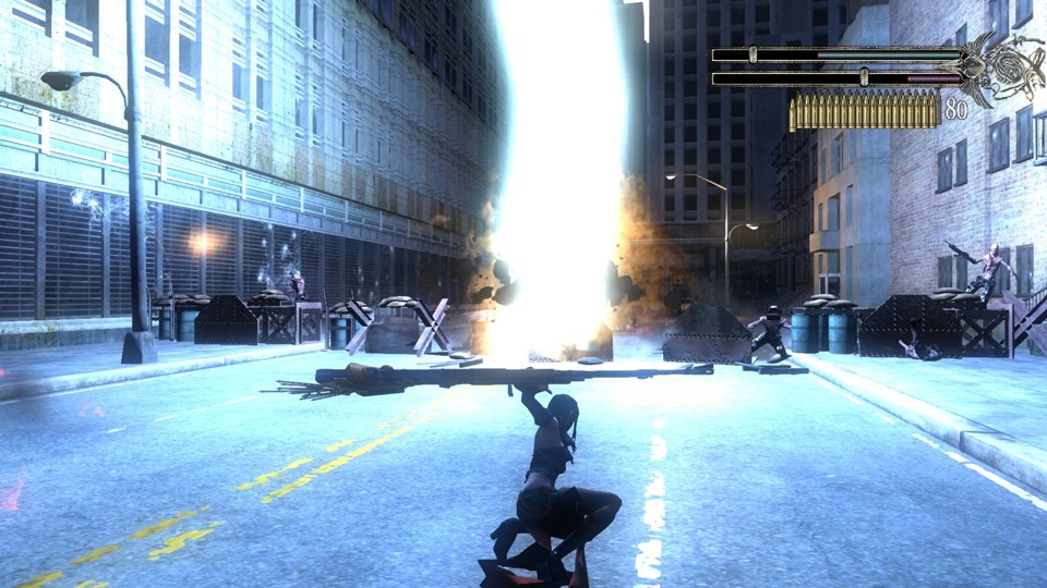 The game’s protagonist, Alicia, kneels in a superhero pose with her legs and left hand on the ground. She has long, dark hair and is wearing a black top, a long, split skirt, and high-heeled knee boots. In her right hand she holds a large gun that resembles a broom. On screen, she looks almost like a silhouette because she has summoned a huge, bright beam of lightning onto a metal barricade blocking a city street. There are zombie-like soldiers behind that barricade.