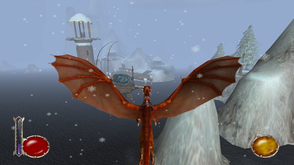 My attempt at replicating the screenshot from the first game I used. It shows Rynn riding the dragon Arokh, they hover over water, there is also a ship and a tower, etc. The difference is that it is winter now, with snow falling and covering the ground, buildings, and fir trees.