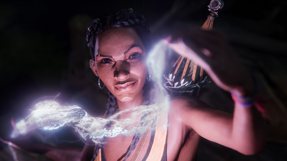 Hazel is a young black woman with her hair in two braids, freckles on her skin, and a scar over her right eyebrow. She wears plenty of jewelry, including two hoop earrings, a ring in her nostril, and rings in her hair. With a sly smile and one raised eyebrow, she looks at the viewers while weaving a magical spell that looks like a strip of white lace.