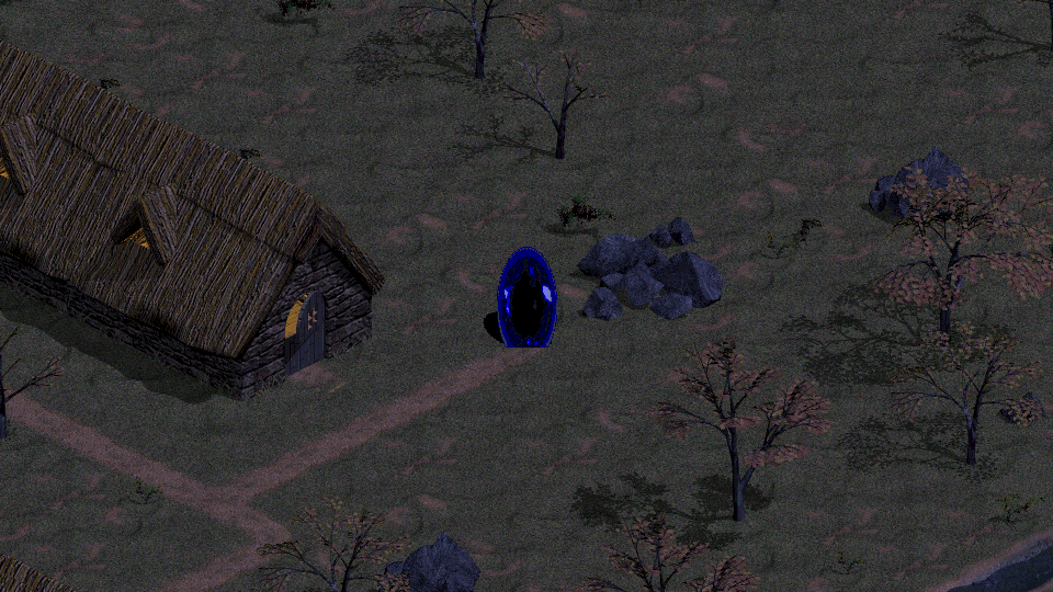 It’s a flat, grayish field with some bluish rocks and not very tall trees. A stocky stone building with an angled thatched roof to the left. A couple of dirt paths lead to the center of the picture, where a dark blue, oval-shaped portal sits.