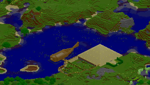 Isometric map of a Minecraft world. There is a complete sandstone pyramid, an almost finished sailing ship, and some other evidence of construction.