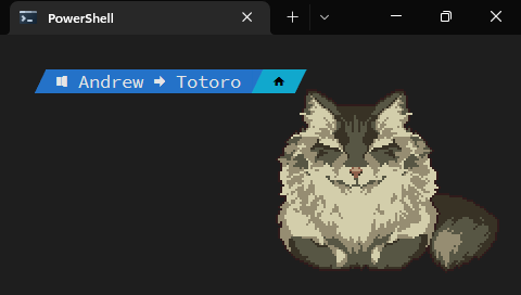Screenshot of a Windows terminal with a command prompt styled by Oh My Posh. Animated gift of a sleeping cat in the corner.