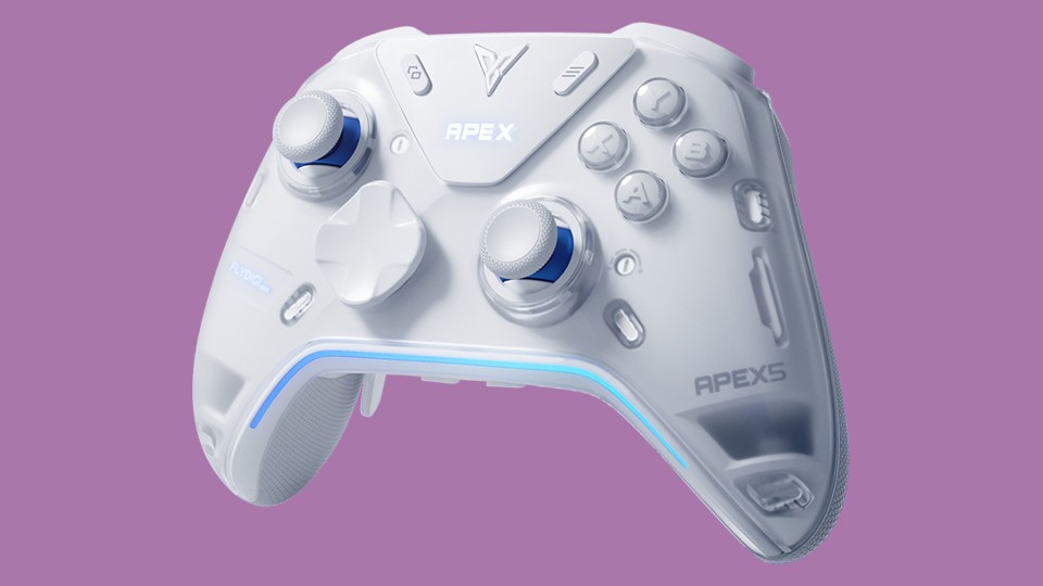 A white gamepad shaped like an Xbox controller. The differences are that the faceplate is transparent with visible magnets underneath that hold it in place and there is one screw near each stick that can adjust the tension. The d-pad looks like a rounded, convex square with a cross shape protruding from it. The top middle part is occupied by a silver plate that houses the View and Menu buttons, as well as the Home button, which is shaped like the Flydigi logo (two interlocking claws forming a triangle). Beneath those three buttons is a screen that currently only shows the word “APEX.”