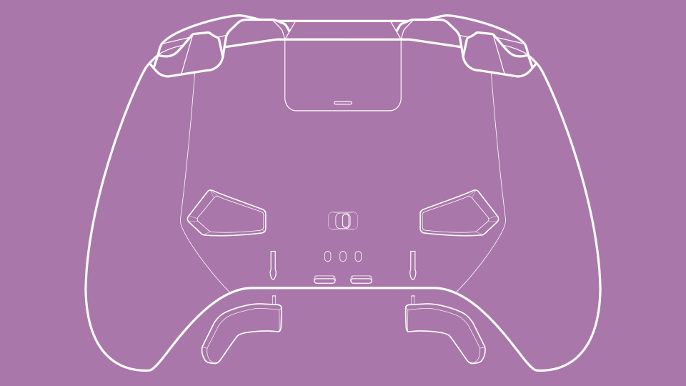 A schematic showing the back of a gamepad. There are two back buttons in the traditional Flydigi style in the body of the gamepad itself and two new, removable, paddle-like buttons similar to those on Xbox Elite controllers. Also shown are two new mini bumpers, a phone holder attachment cover, and Turbo and Capture buttons on the bottom.