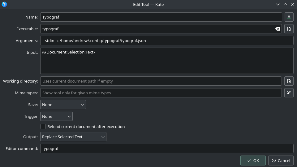 Screenshot of the Edit Tool window in Kate. Its contents are described in the table above.