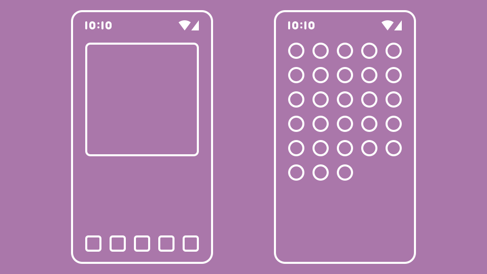 A simple illustration representing an Android launcher. The first screen shows a desktop with a large widget and five folders. The second screen shows an app drawer with many icons.