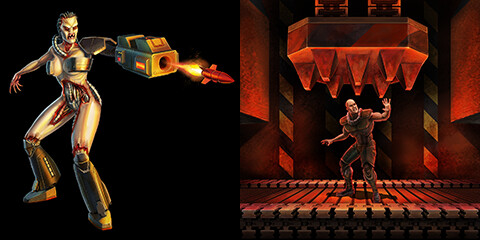 Two images representing two achievements. On the left, a scantily clad female enemy, a cyborg with metal legs, a weapon for a hand, and many other metal parts embedded in flesh. On the right, a human soldier, a prisoner of war, cowering in fear on a conveyor belt, ready to be crushed by a metal device with spikes.