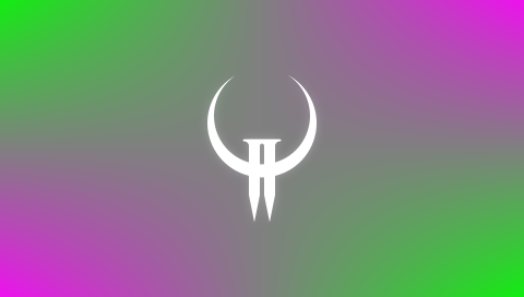 Quake 2 logo, a crescent moon with two nails through it on a green-purple gradient.