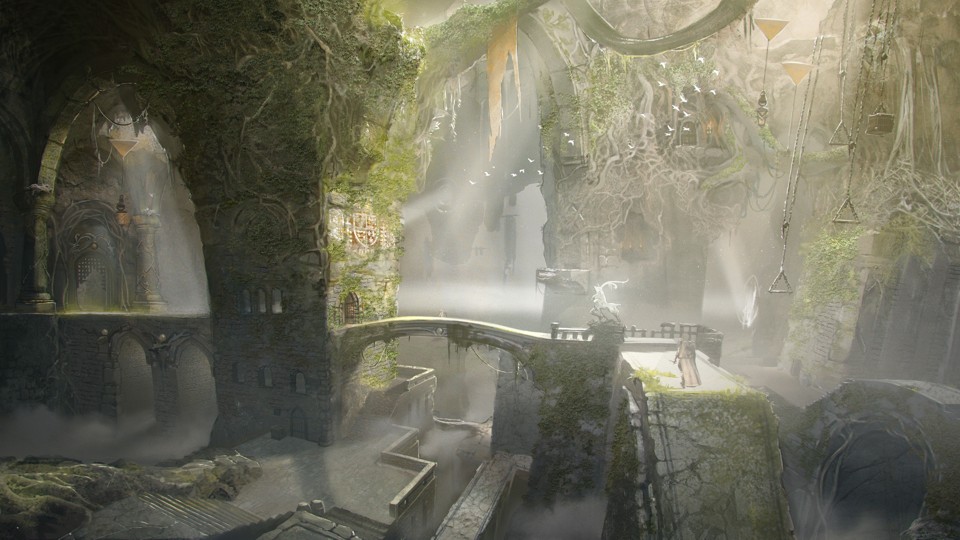 The dungeon is underground but very well lit by sunlight, with mist rising from the bottom. There are moss-covered towers and bridges. Crumbled stone crests adorn the walls, and torn banners hang here and there. A flock of white birds flies amid pyramid-shaped balloons with boxes attached to them by ropes.