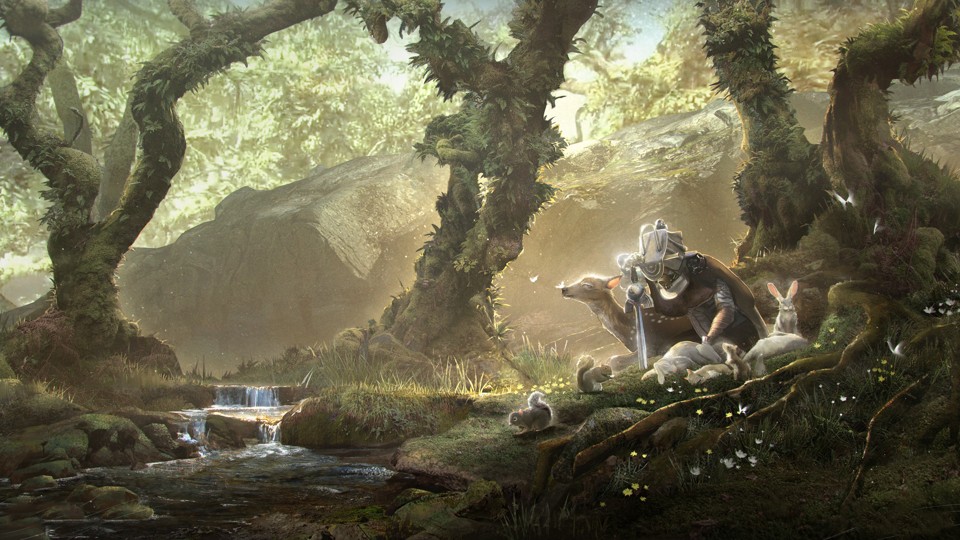 A lush green forest with knotty trees and moss-covered stones, as well as a small stream with clear water. A character wearing green and white and a helmet covered in cloth dozes off in the shade with a sword stuck in the ground. They are surrounded by happy or slepping bunnies, squirrels, butterflies, and a deer.