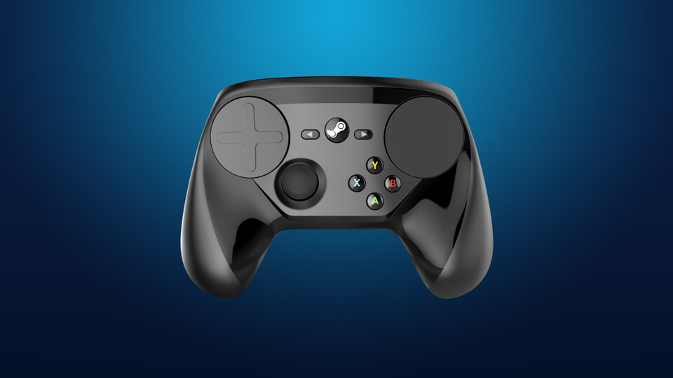 Black glossy gamepad with two circular touch pads, the left one has a groove resembling a dpad, a joystick and four face buttons.