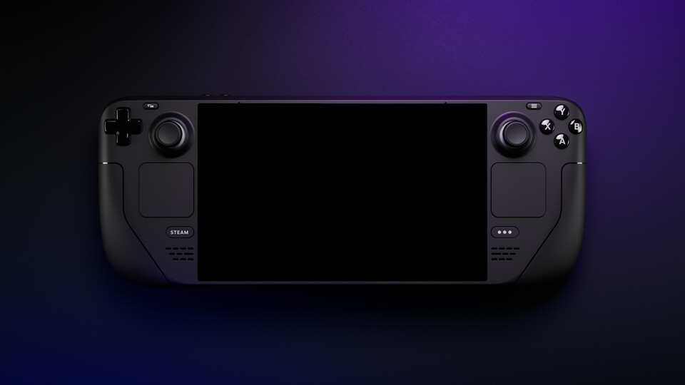 Black handheld device, with a screen in the middle and gamepad part on both sides: a square touchpad and a joystick on each side, dpad on the left and face buttons on the right.