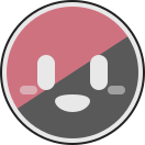 Simple face: a red and black circle, diagonally divided, with a white border around it and white square-ish eyes, mouth and cheeks. The brightness of the colors is lowered to resemble the Disability Pride flag.